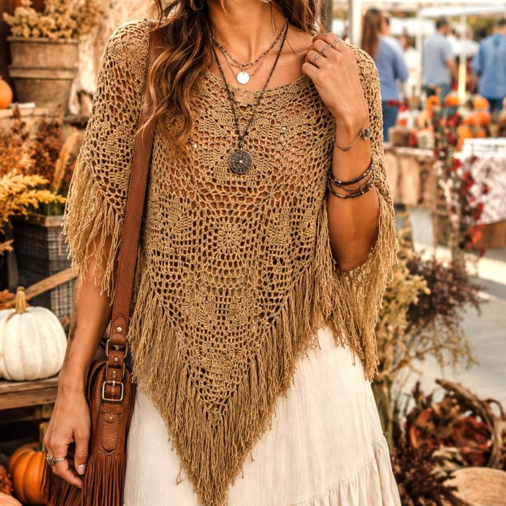 Tan Crochet Poncho Fringe Shawl Fall Layer Cape Top Cover Up Boho Umgee USA S/M